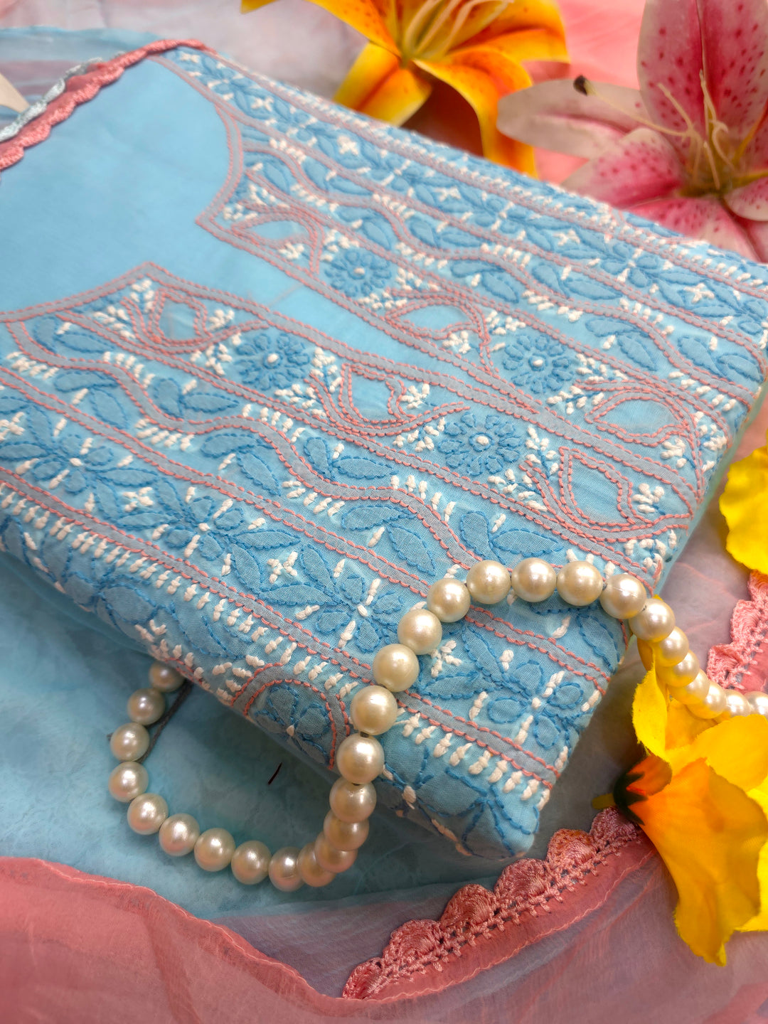 Lucknow Chikankari Hand Embroidered Cotton Dress Material with Tri-Color Motifs & Pure Chiffon Dupatta