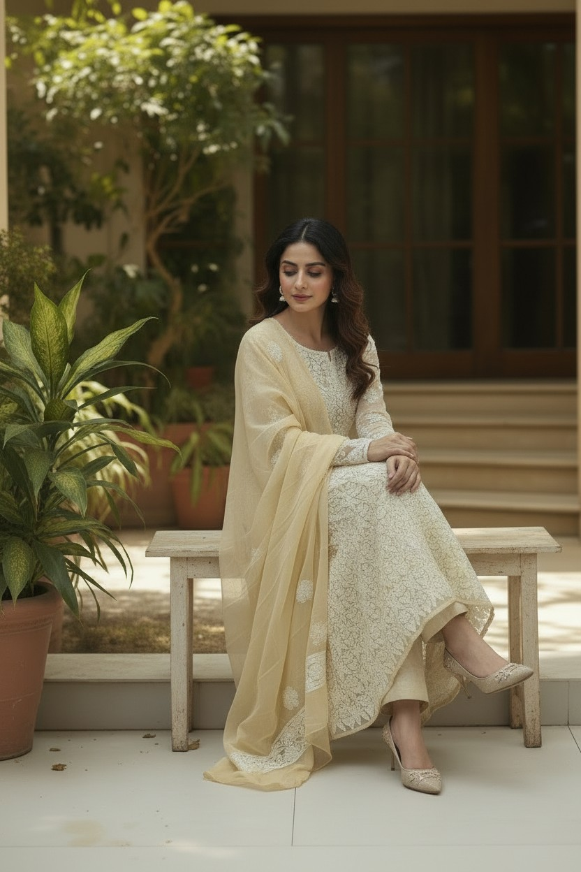 Unstitched Georgette Chikankari Dress Material | Hand Embroidered Kurta, Bottom & Dupatta