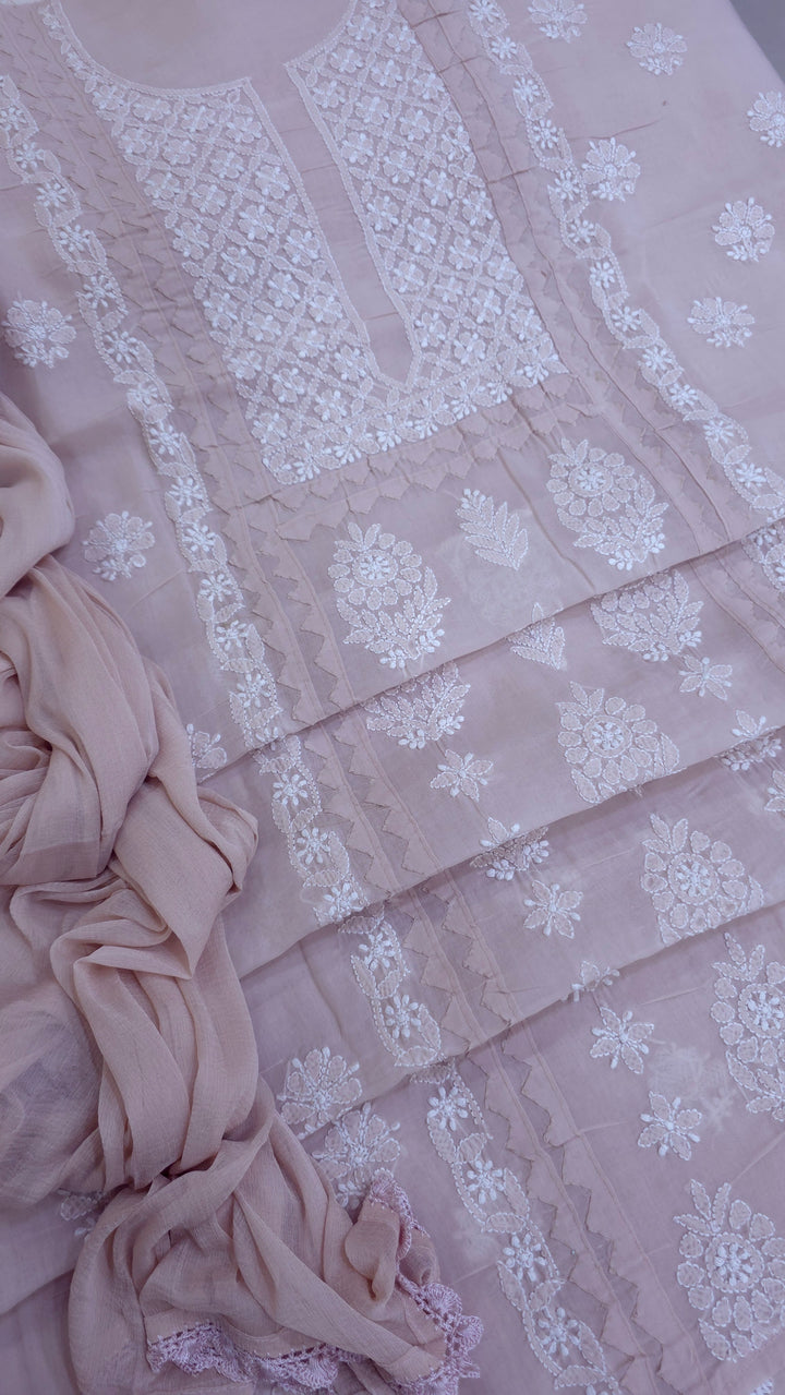 Darz Lucknowi Chikankari  Dress Material – Handmade Cotton Suit with Chiffon Dupatta