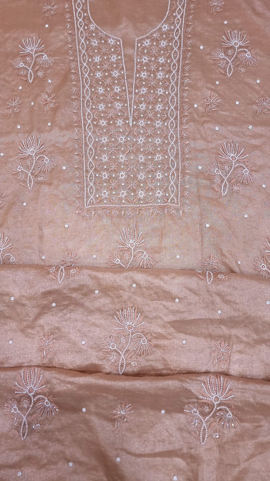 Soft Tissue Chikankari Unstitched Dress Material | 3 Taar Hand Embroidery with Pearl & Cutdana Work + Golden Border Dupatta