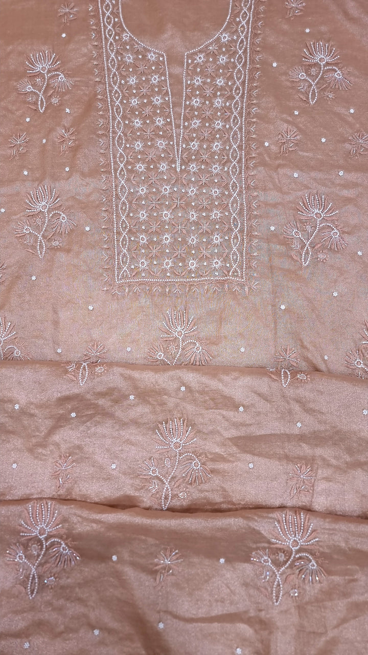 Soft Tissue Chikankari Unstitched Dress Material | 3 Taar Hand Embroidery with Pearl & Cutdana Work + Golden Border Dupatta