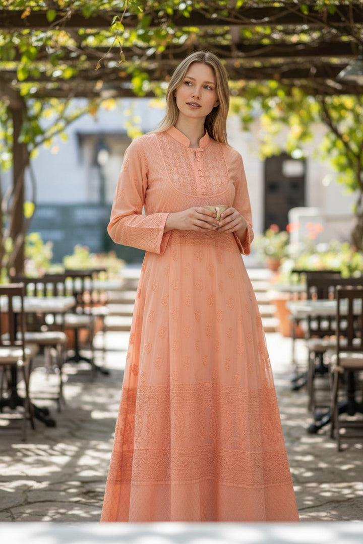 Cotton Lucknowi Chikankari 46" Long A-line Kurti | 100% Hand Embroidered| No Shrinkage