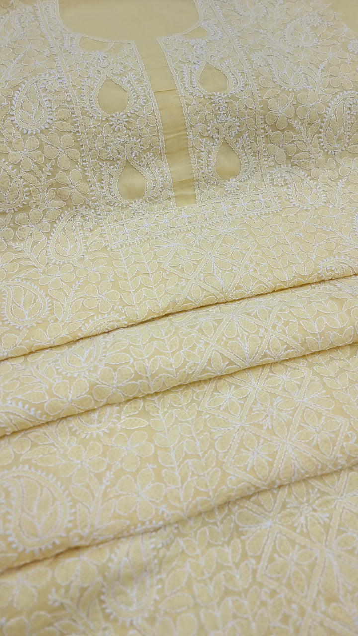 "Pastel Yellow Lucknowi Chikankari Unstitched Cotton Suit Set – Kurta, Bottom & Dupatta by Paridhan Chikan"