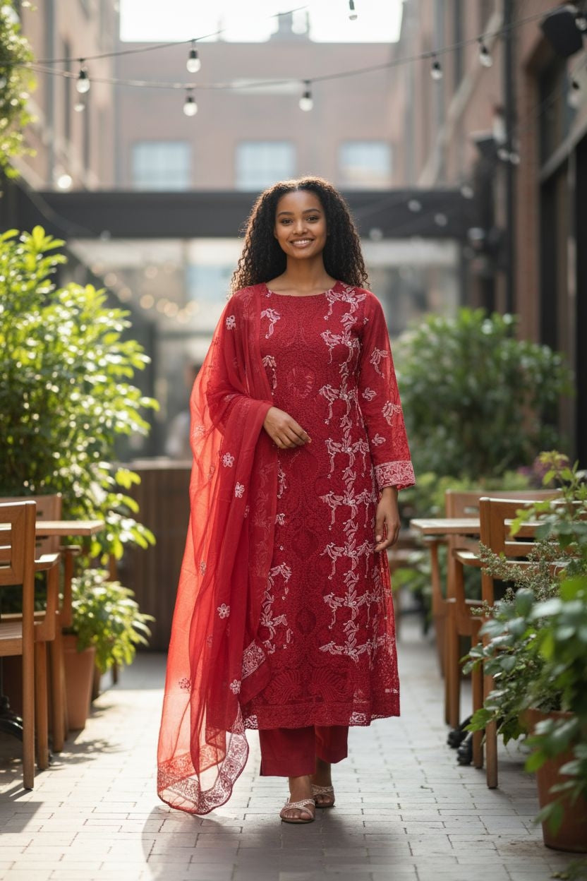 Unstitched Georgette Chikankari Dress Material | Hand Embroidered Kurta, Bottom & Dupatta