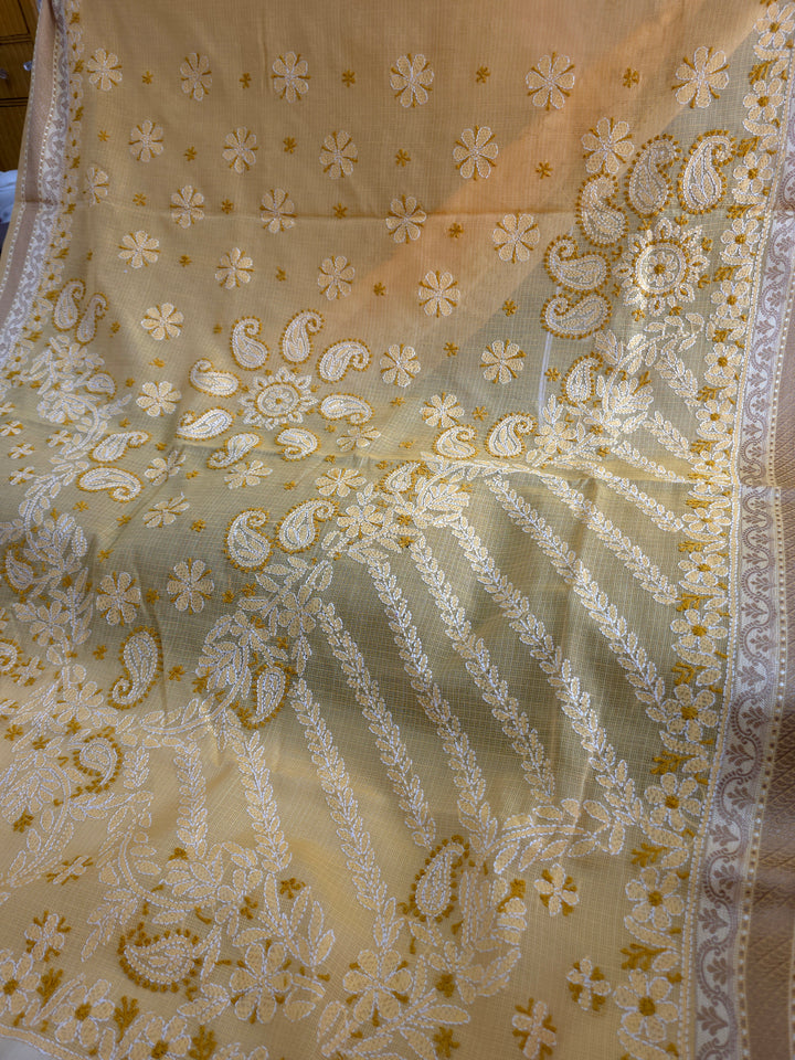 Hand Embroidered Chikankari Banarasi Silk Saree with Intricate Border & Palla Pattern – Includes  Blouse | Paridhan Chikan