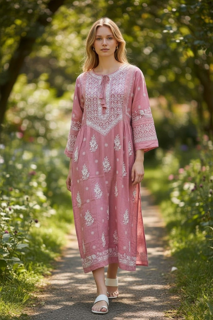 Pure Crepe luxurious long A line dress with *2 taar chikankari work* Length 50 " approx