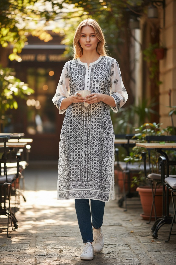 Georgette chikankari long kurti