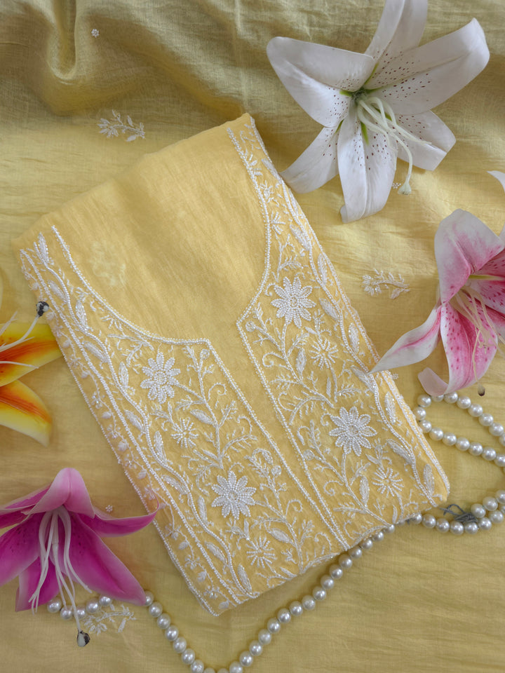 Premium Mul Chanderi Pearl, Cutdana & Kasab Hand Embroidered Unstitched Suit Set