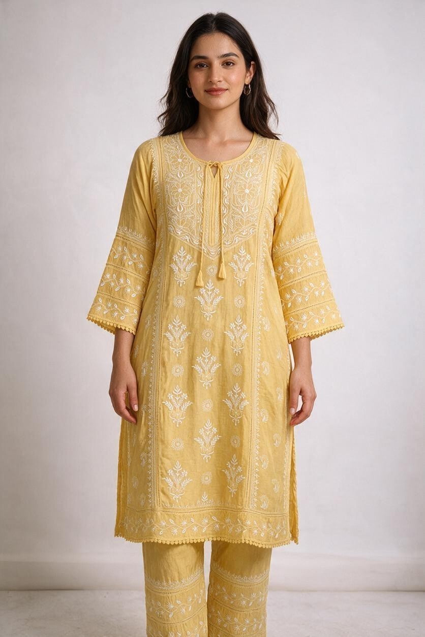 Luxe-Pure muslin luxurious kurti pants set with *2 taar chikankari work*