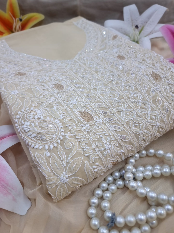 Unstitched Cotton Hand Embroidered Chikankari Dress Material with Cutdana, Resham & Badla Work | Pure Chiffon Dupatta | Lucknowi Artistry