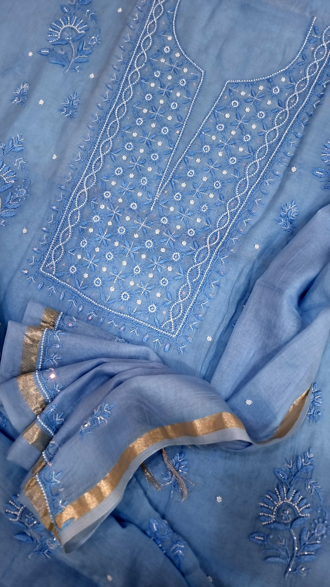 Premium Mul Chanderi Supersoft Dyeable Chikankari Dress Material | Hand Embroidered with Pearls & Cutdaana | Kurta & Dupatta Set