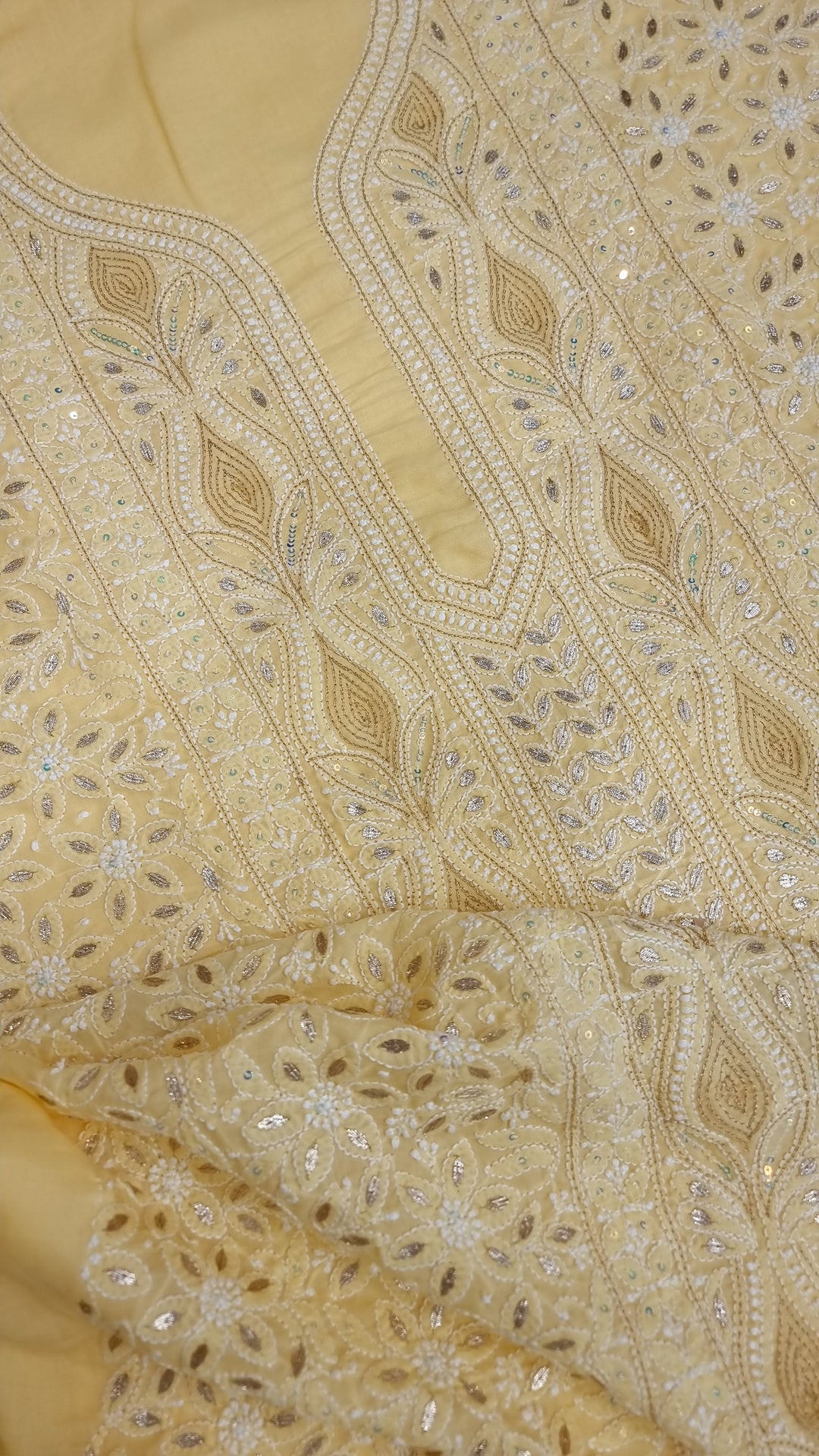 Yellow Unstitched Soft Cotton Chikankari Suit Set – Aari, Kasab & Gotta Patti Embellished with Pure Chiffon Dupatta