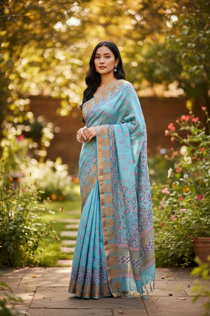 Hand Embroidered Chikankari Banarasi Silk Saree with Intricate Border & Palla Pattern – Includes  Blouse | Paridhan Chikan