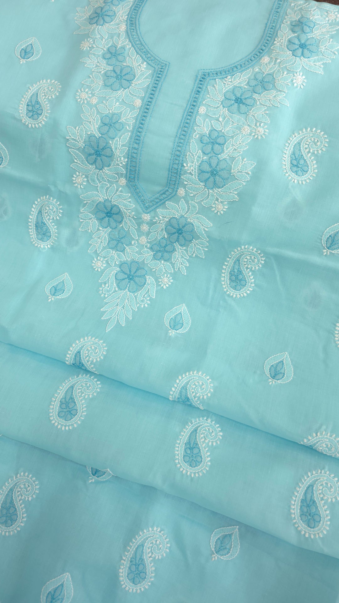 Paridhan Chikan Premium Cool Cotton Chikankari Dress Material Set with Hand Embroidered Kurta, Bottom & Chiffon Dupatta with Handmade Crochet Border