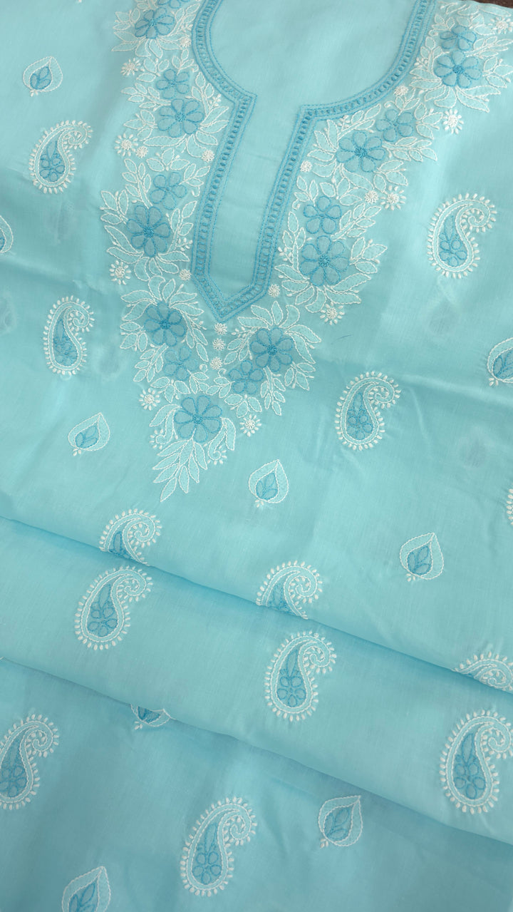 Paridhan Chikan Premium Cool Cotton Chikankari Dress Material Set with Hand Embroidered Kurta, Bottom & Chiffon Dupatta with Handmade Crochet Border