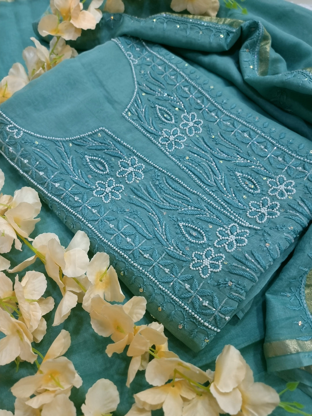 Premium Mul Chanderi Supersoft Dyeable Chikankari Dress Material | Hand Embroidered with Pearls & Cutdaana | Kurta & Dupatta Set