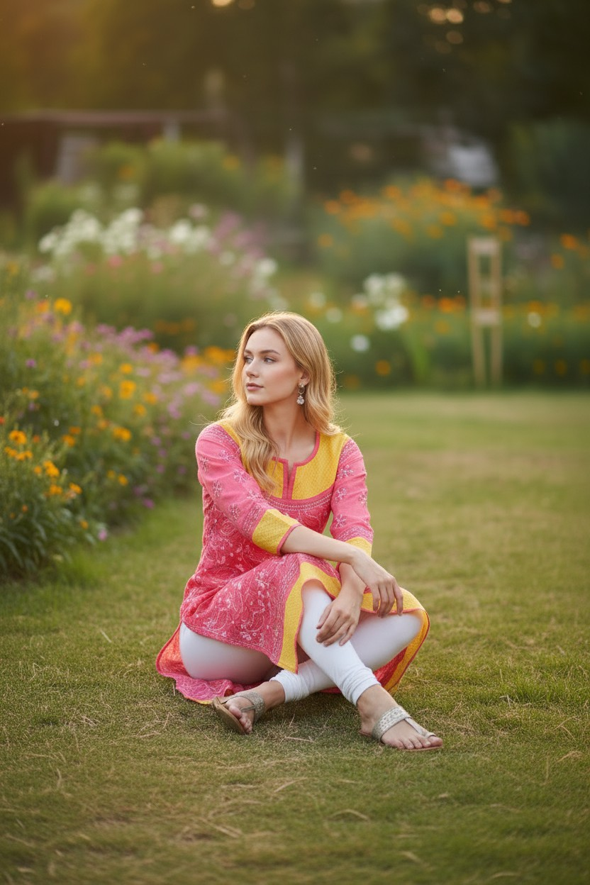 Cotton Chikankari Hand Embroidered Kurti for Women | Premium  | 48 Inch approx Length | Lucknowi Chikan Kurta