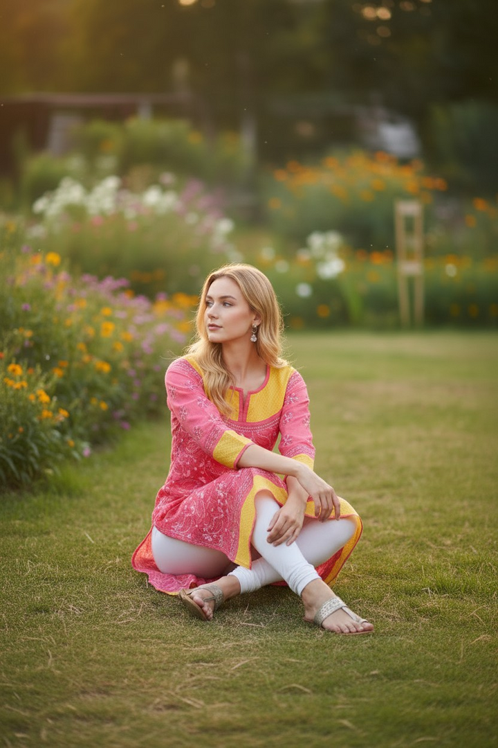 Cotton Chikankari Hand Embroidered Kurti for Women | Premium  | 48 Inch approx Length | Lucknowi Chikan Kurta