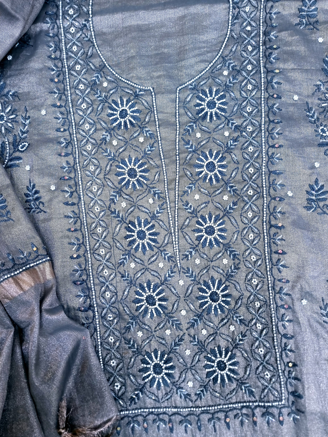 Soft Tissue Chikankari Unstitched Dress Material | 3 Taar Hand Embroidery with Pearl & Cutdana Work + Golden Border Dupatta