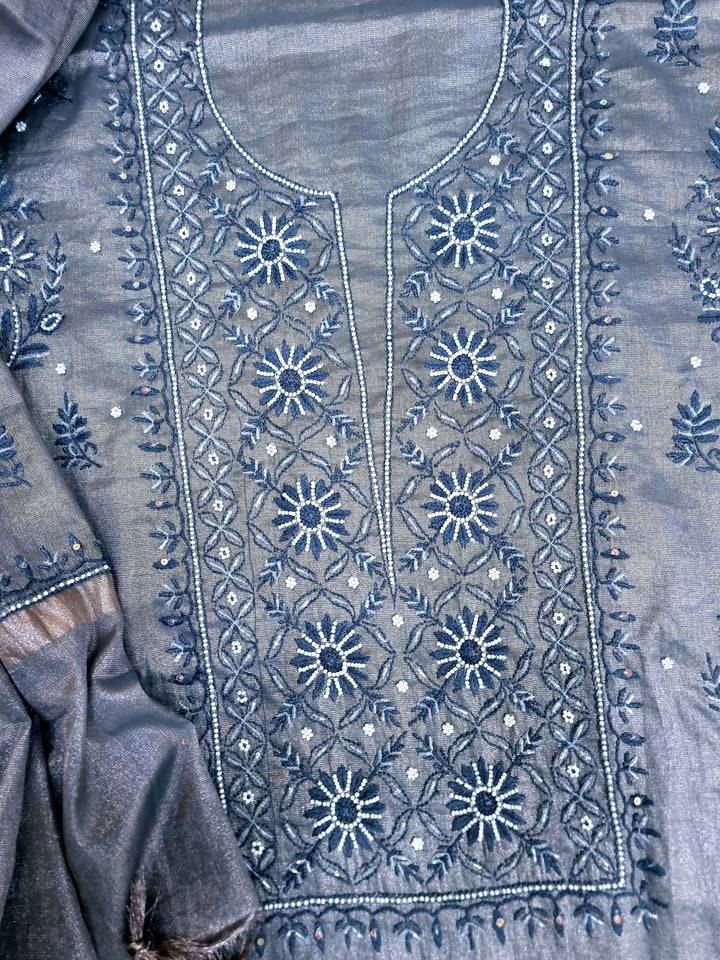 Soft Tissue Chikankari Unstitched Dress Material | 3 Taar Hand Embroidery with Pearl & Cutdana Work + Golden Border Dupatta