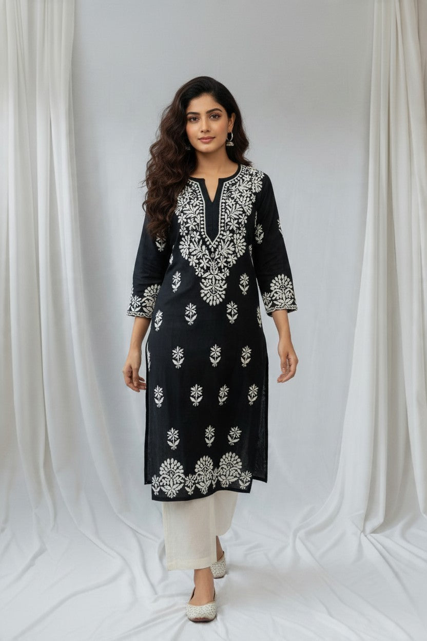 Saba Rayon Chikankari Hand Embroidered Kurti for Women | Premium Soft & Non-Transparent Fabric | 46 Inch Length | Lucknowi Chikan Kurta