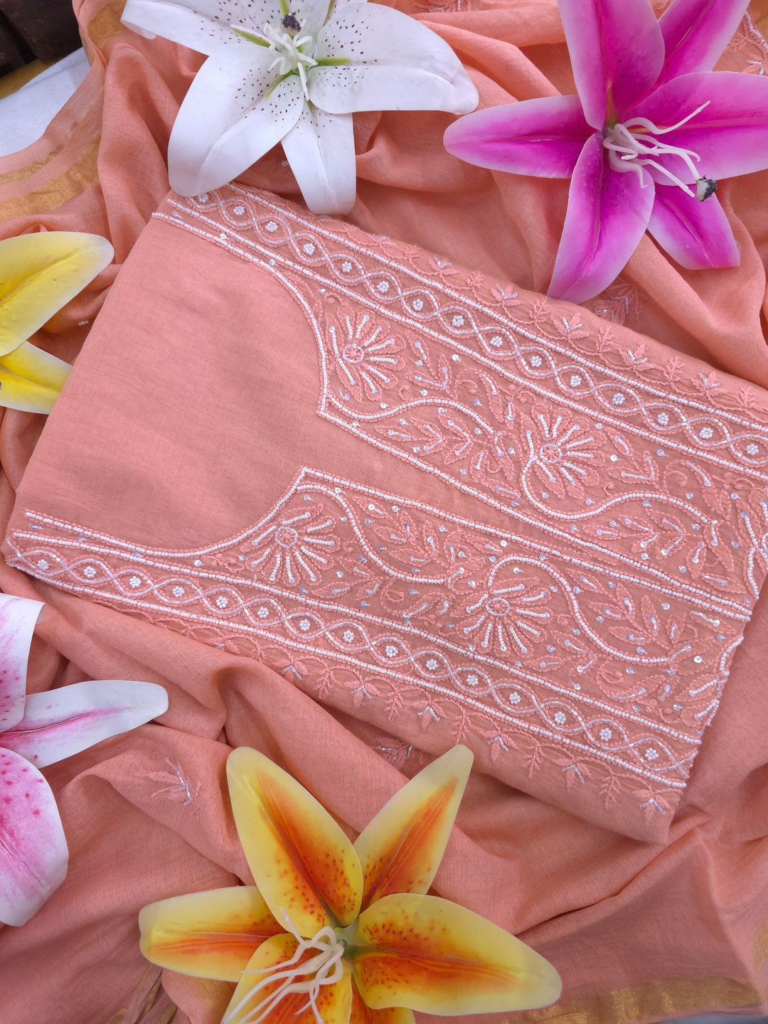 Premium Mul Chanderi Supersoft Dyeable Chikankari Dress Material | Hand Embroidered with Pearls & Cutdaana | Kurta & Dupatta Set