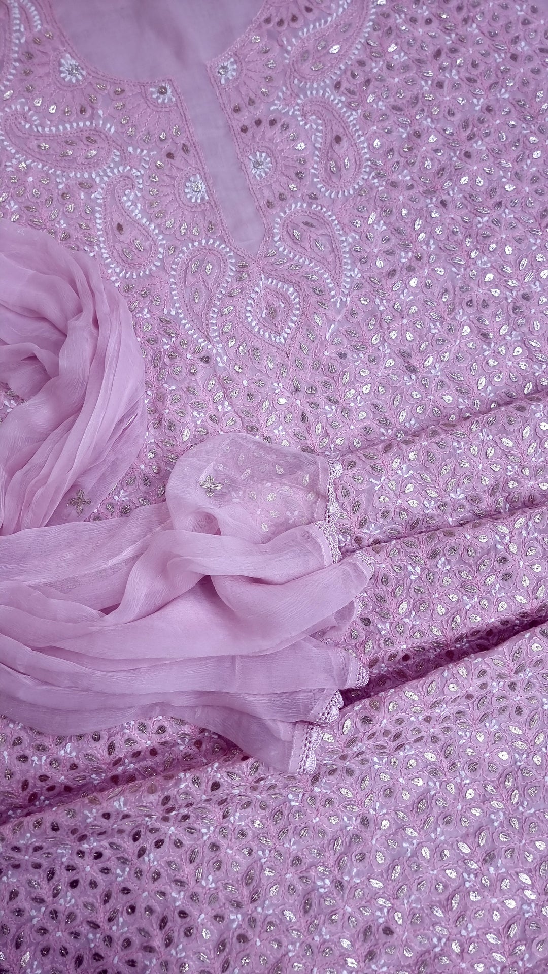 Pink Unstitched Soft Cotton Chikankari Suit Set – Aari, Kasab & Gotta Patti Embellished with Pure Chiffon Dupatta (Copy)