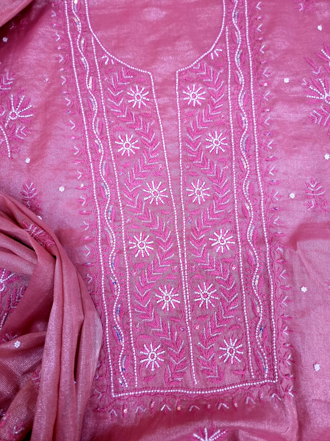 Soft Tissue Chikankari Unstitched Dress Material | 3 Taar Hand Embroidery with Pearl & Cutdana Work + Golden Border Dupatta