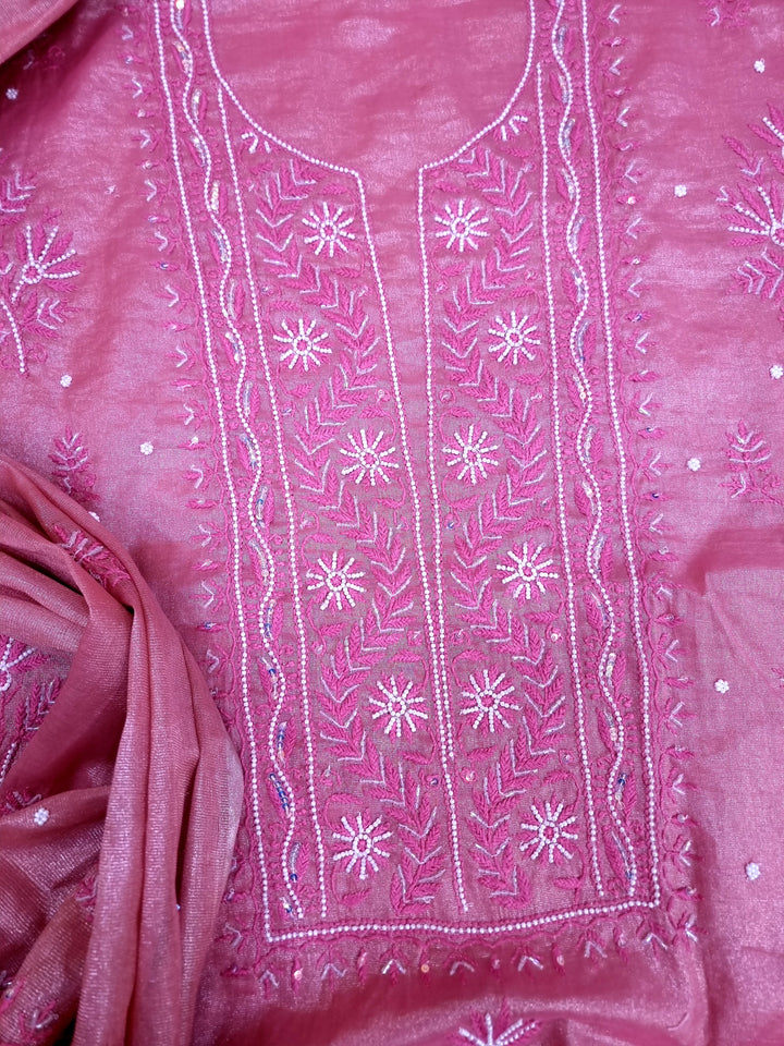 Soft Tissue Chikankari Unstitched Dress Material | 3 Taar Hand Embroidery with Pearl & Cutdana Work + Golden Border Dupatta