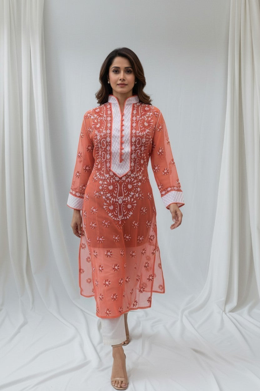 Women’s Georgette Chikankari Kurti – Designer Hand Embroidered Lucknowi Craft by Paridhan Chikan