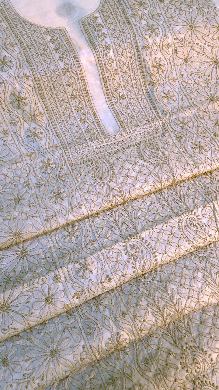 Pure Paper Silk Chikankari Fabric | Full Jaal Hand Embroidery Kurta Fabric for Women