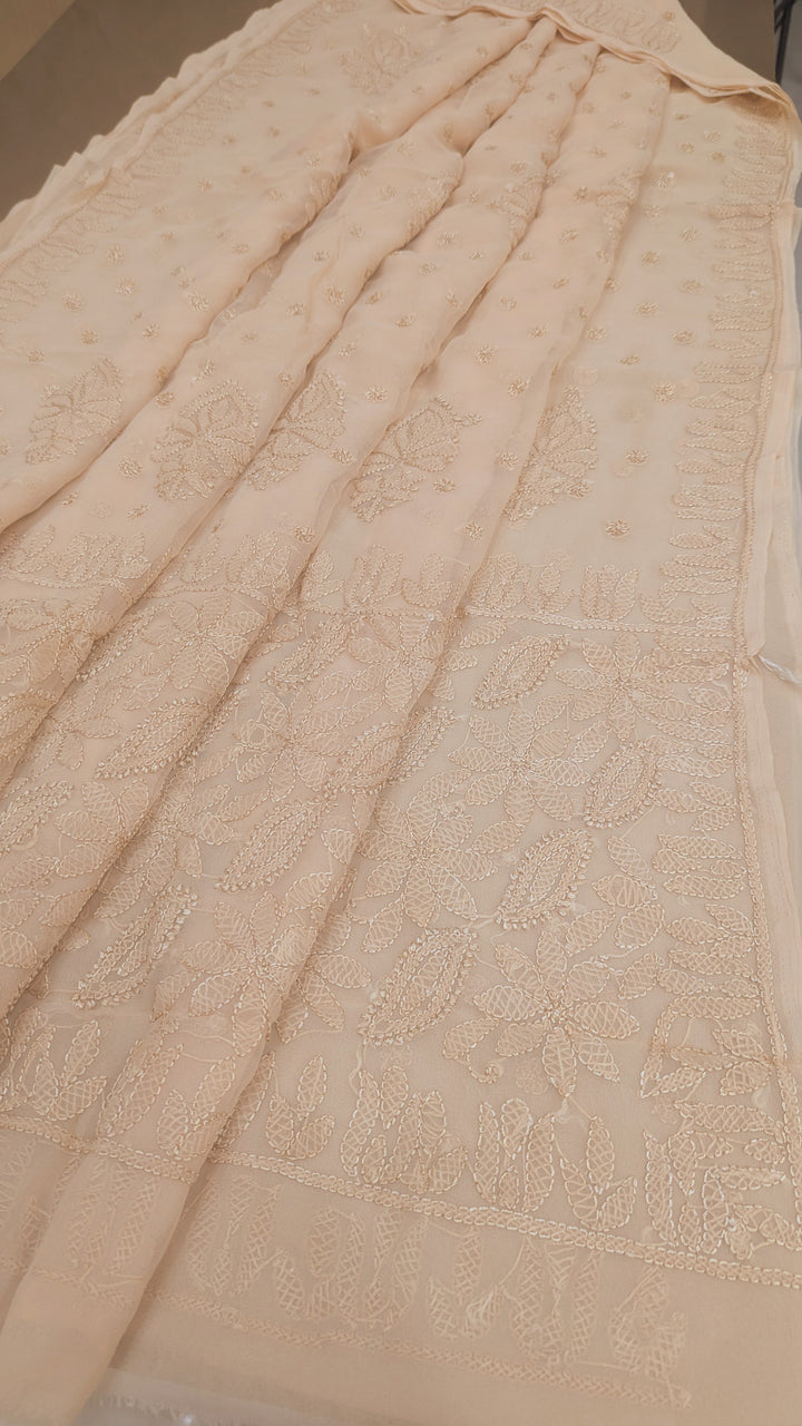 Faux Georgette Hand Chikankari Saree with Exclusive all over  Design | Embroidered Blouse Included | Authentic Lucknow Handicraft by Paridhan Chikan