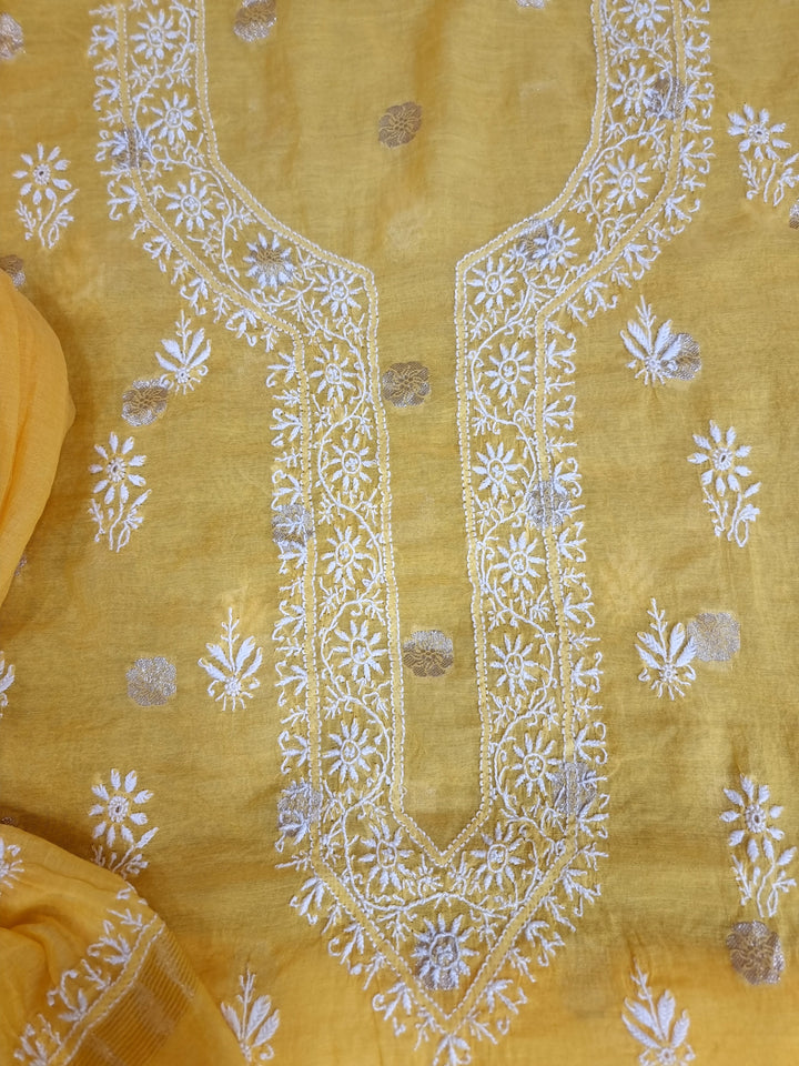 Pure Mul Chanderi Jacquard 2 Taar Hand Embroidered Chikankari Unstitched Kurta (3 M) with Dupatta (2.5 M) – Lucknowi Festive Collection