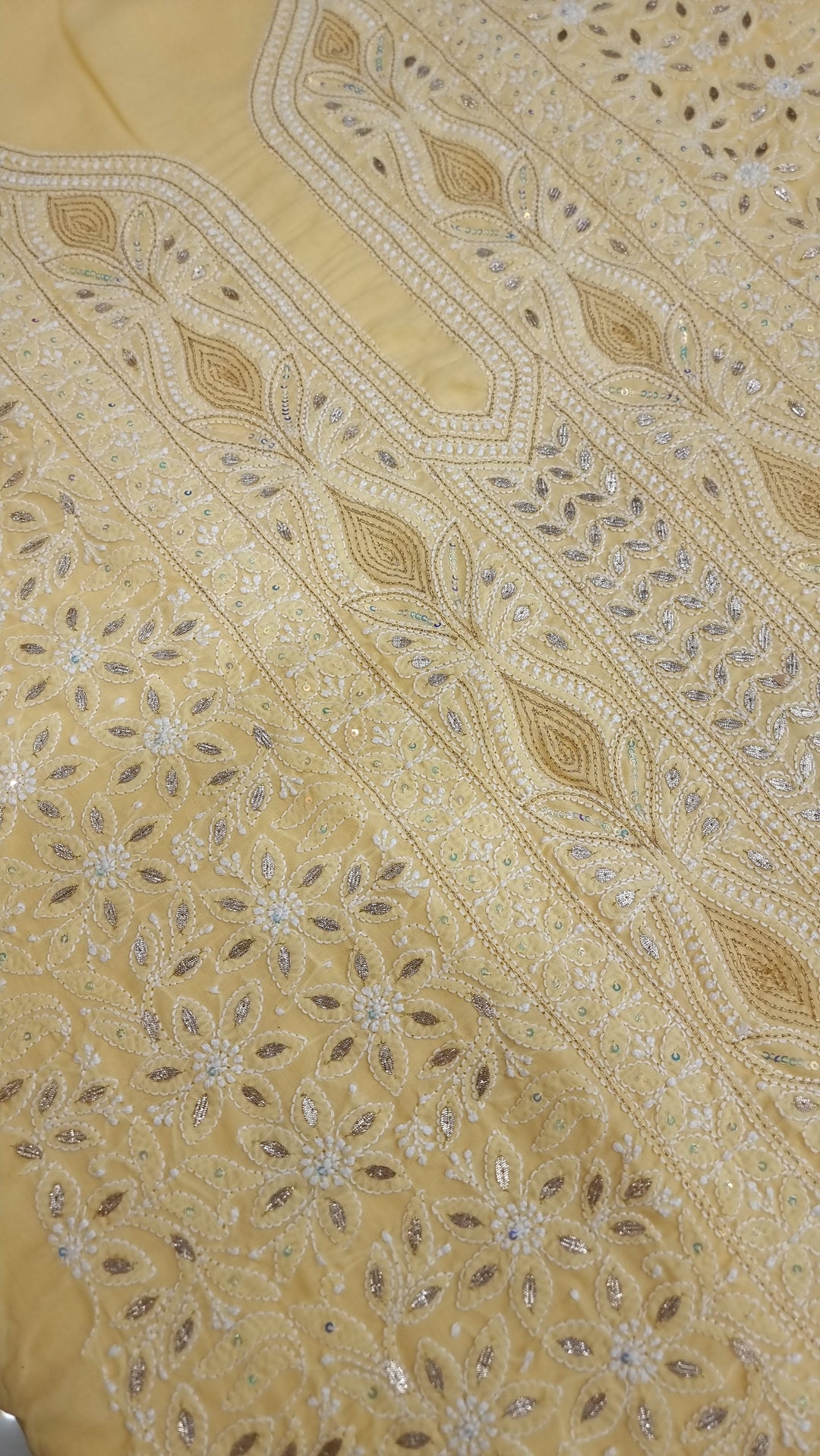 Yellow Unstitched Soft Cotton Chikankari Suit Set – Aari, Kasab & Gotta Patti Embellished with Pure Chiffon Dupatta