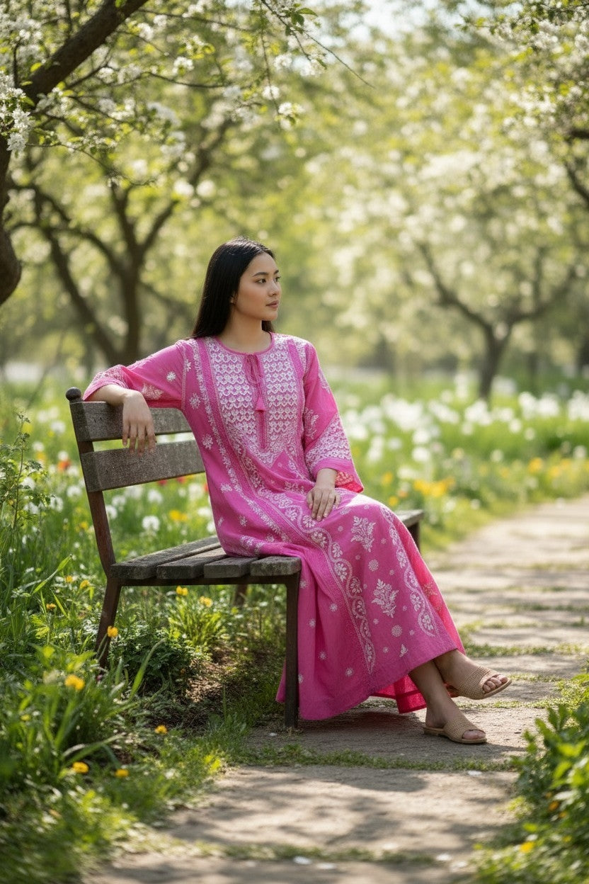 Pure Muslin luxurious long dress with *2 taar chikankari work* Length 50 " approx