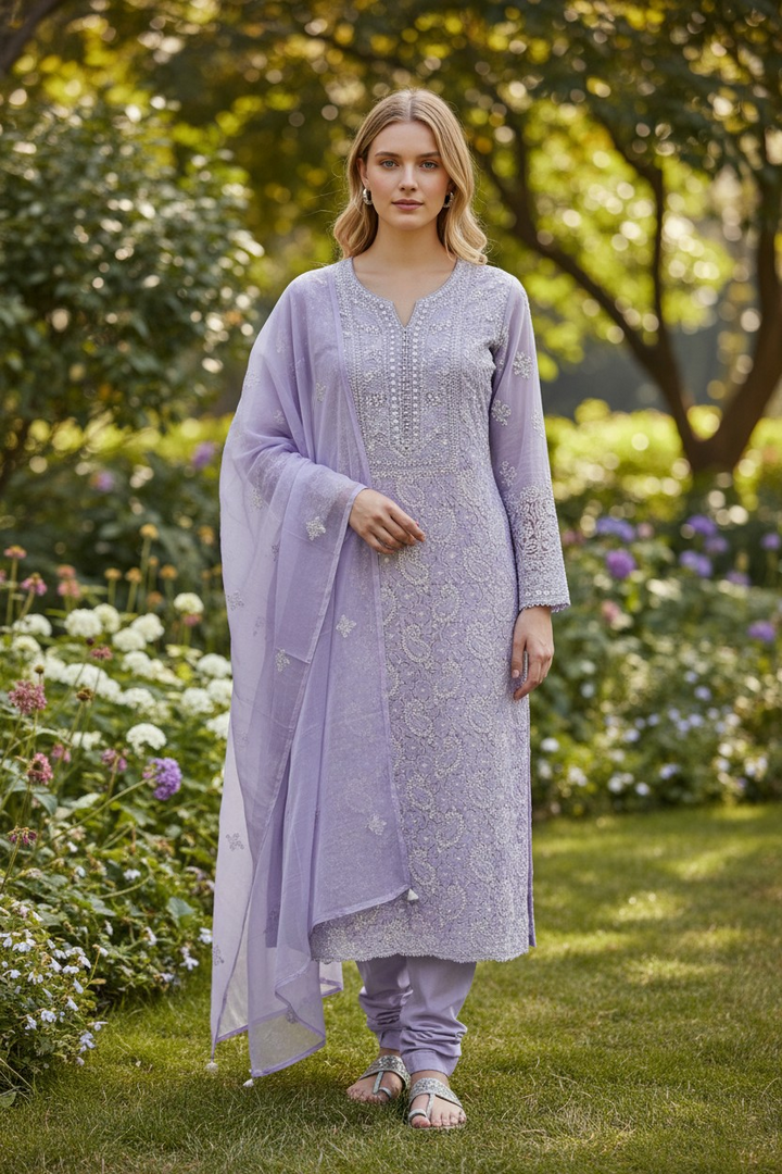 Unstitched Georgette Chikankari Dress Material | Hand Embroidered Kurta, Bottom & Dupatta