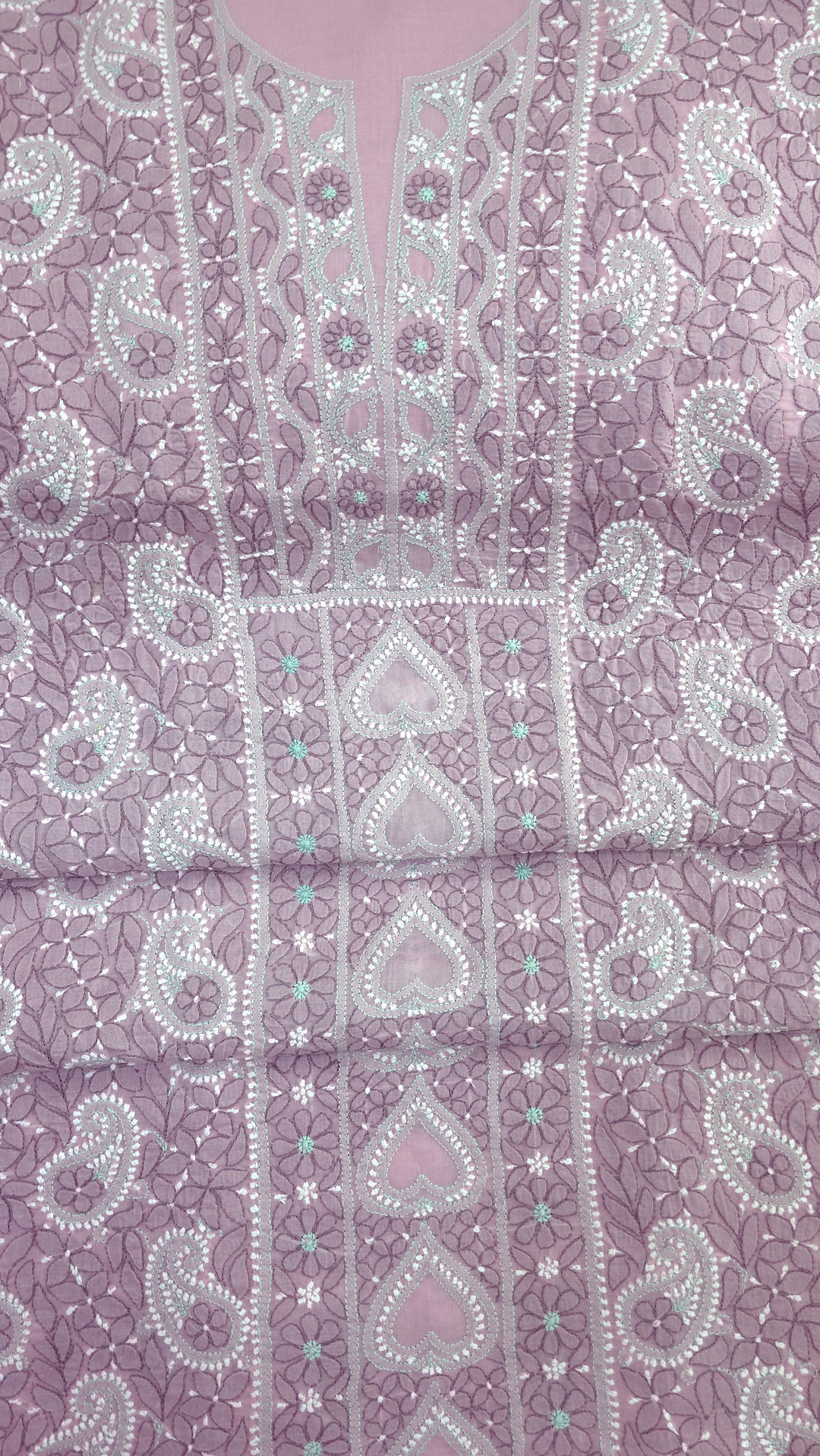 Lucknow Chikankari Hand Embroidered Cotton Dress Material with Tri-Color Motifs & Pure Chiffon Dupatta