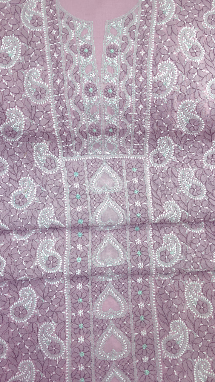 Lucknow Chikankari Hand Embroidered Cotton Dress Material with Tri-Color Motifs & Pure Chiffon Dupatta
