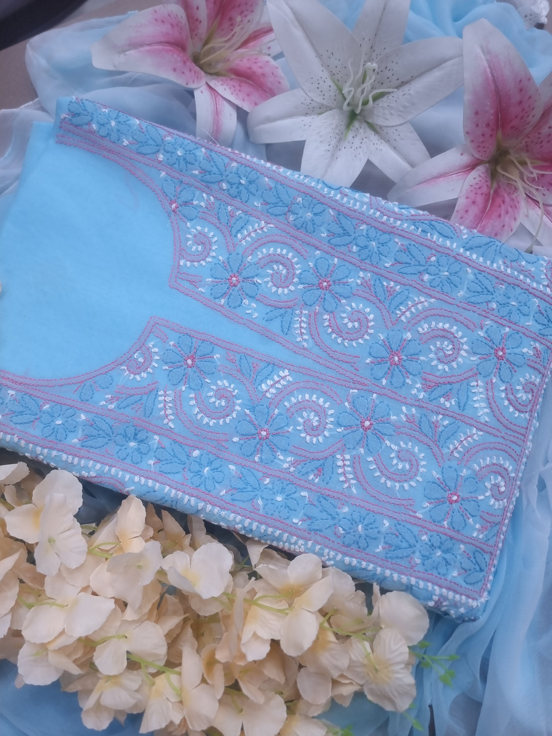 Lucknow Chikankari Hand Embroidered Cotton Dress Material with Tri-Color Motifs & Pure Chiffon Dupatta