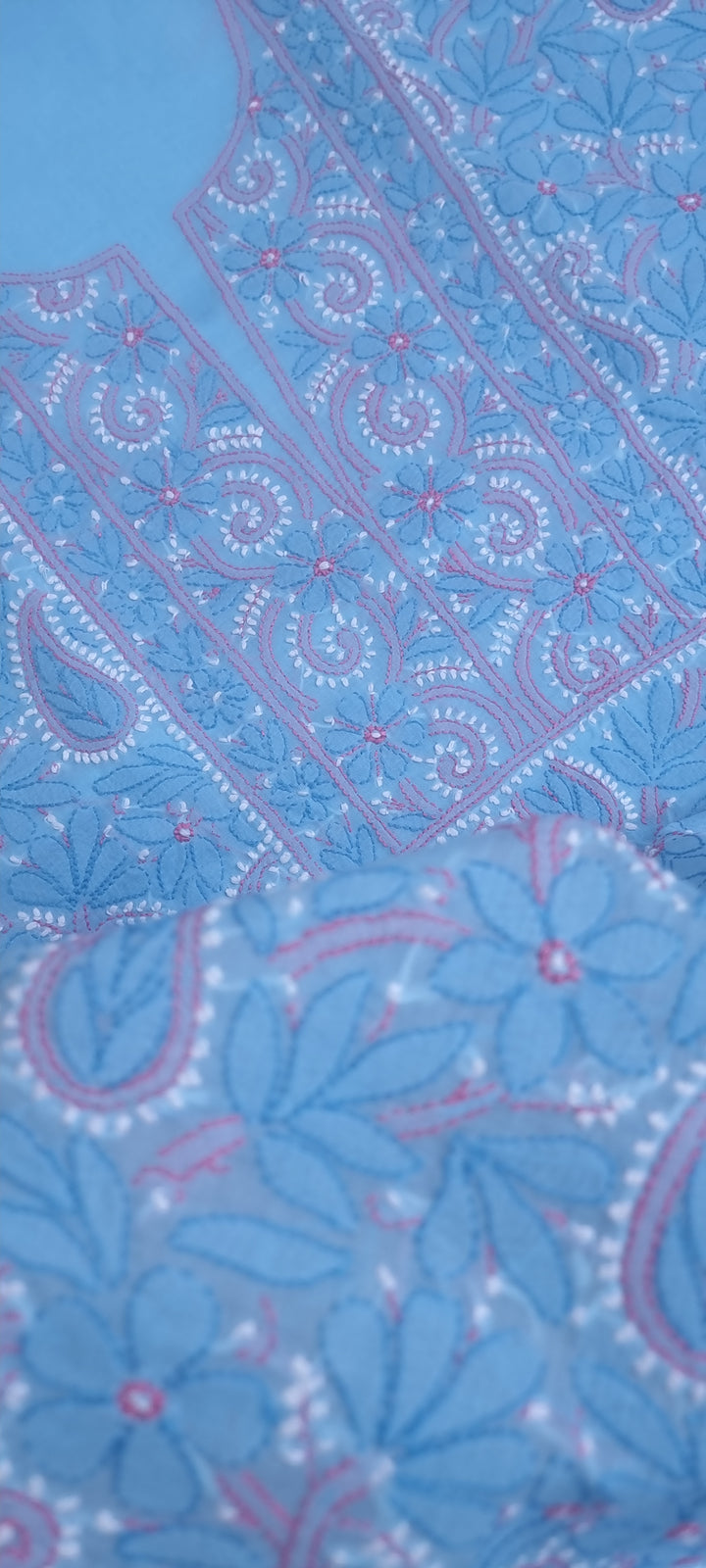 Lucknow Chikankari Hand Embroidered Cotton Dress Material with Tri-Color Motifs & Pure Chiffon Dupatta