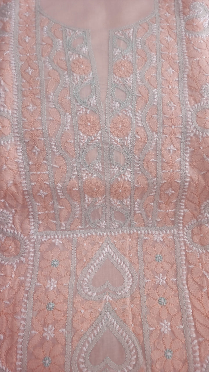 Lucknow Chikankari Hand Embroidered Cotton Dress Material with Tri-Color Motifs & Pure Chiffon Dupatta