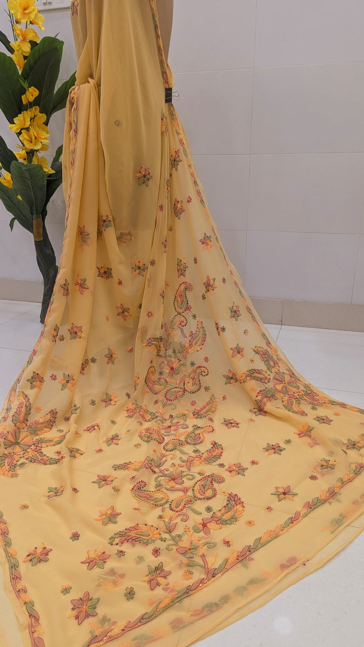 Faux Georgette Hand Chikankari Saree with Exclusive Border & Palla Design | Embroidered Blouse Included | Authentic Lucknow Handicraft by Paridhan Chikan