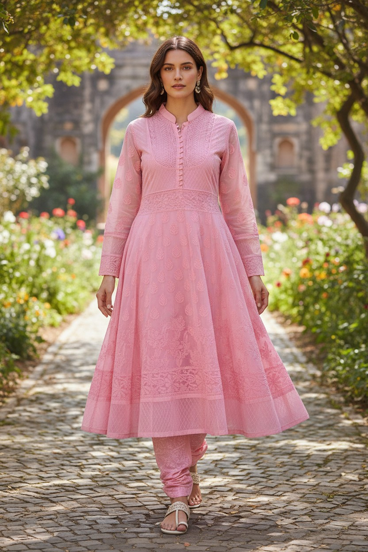 Cotton Lucknowi Chikankari 46" Long A-line Kurti | 100% Hand Embroidered| No Shrinkage