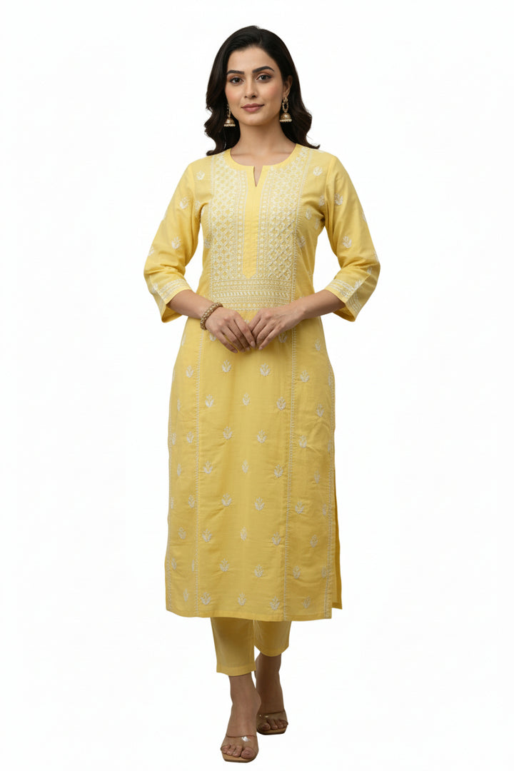 Pure Cotton Linen Lucknowi Chikankari Long Kurti | 100% Hand Embroidered | Non-Transparent | No Shrinkage