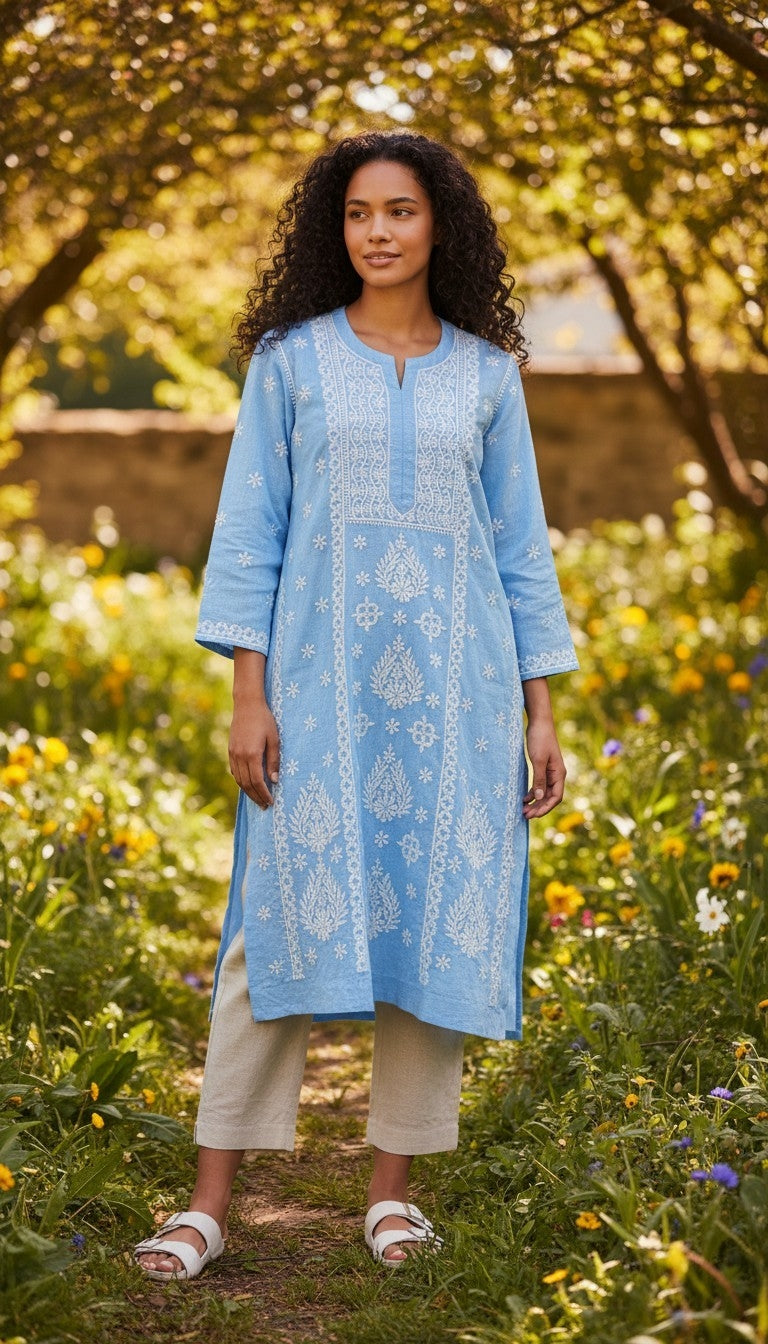 Hand Embroidery Chikankari Linen Kurti - Light Blue