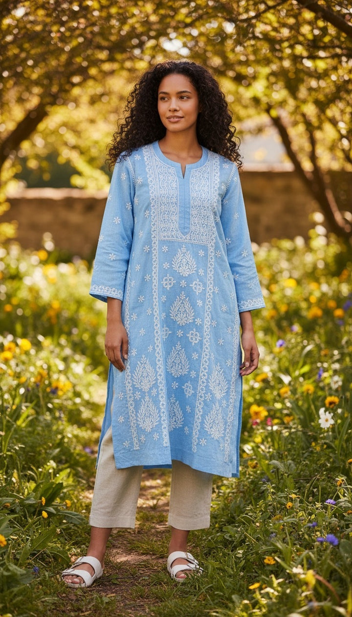 Hand Embroidery Chikankari Linen Kurti - Light Blue
