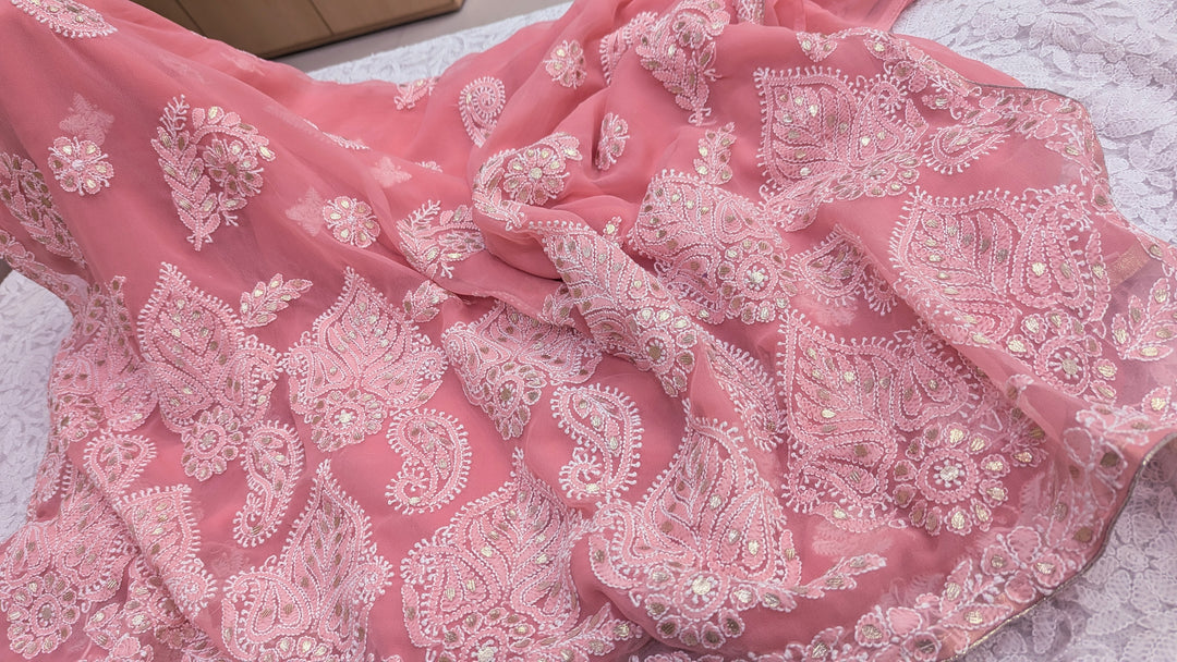 Embellished with Gota Patti | Hand Chikankari Faux Georgette Saree | Lucknowi Embroidery | Designer Festive Wear by Paridhan Chikan