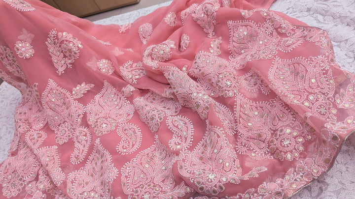 Embellished with Gota Patti | Hand Chikankari Faux Georgette Saree | Lucknowi Embroidery | Designer Festive Wear by Paridhan Chikan