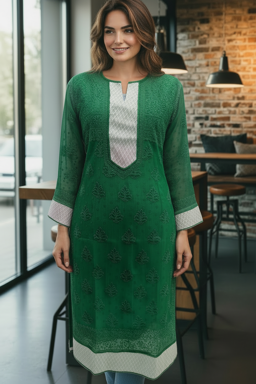 Women’s Georgette Chikankari Kurti – Designer Hand Embroidered Lucknowi Craft by Paridhan Chikan