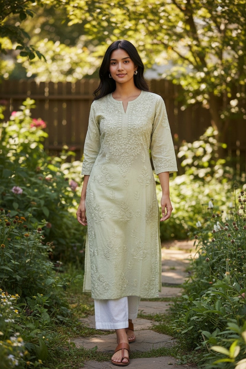 Premium Soft Chanderi Lucknowi Chikankari Long Kurti – 100% Hand Embroidered, Non-Transparent